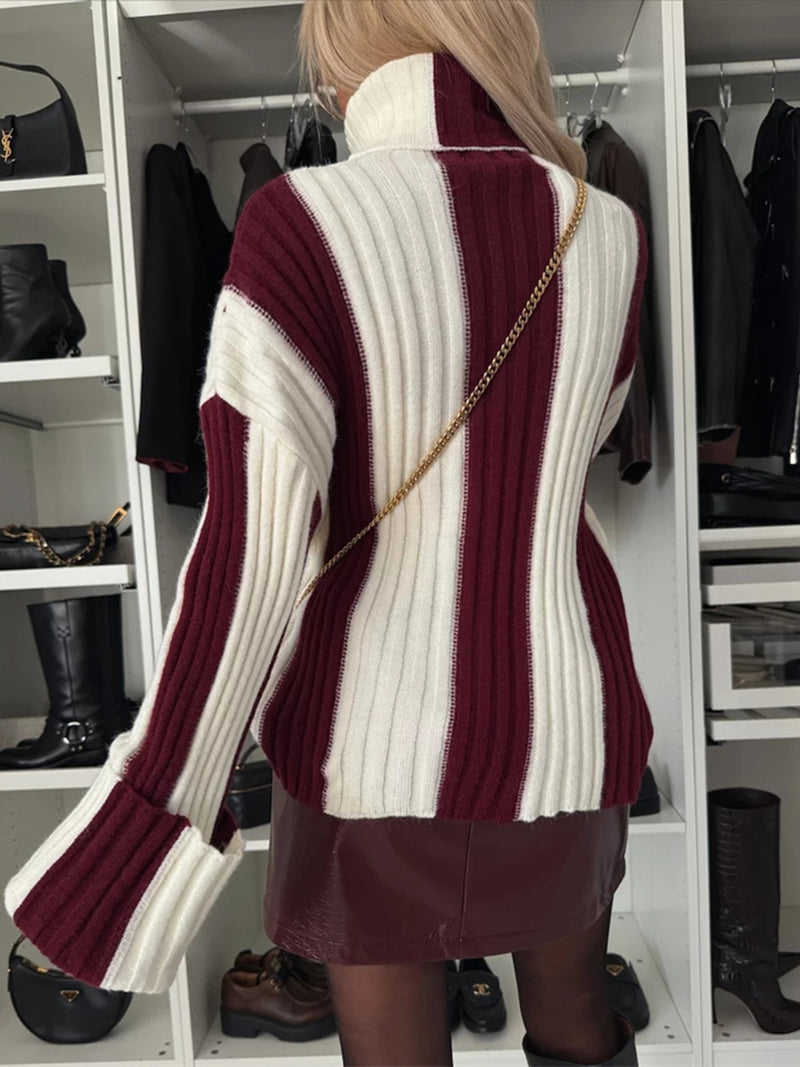 Striped Turtleneck Dropped Shoulder Sweater