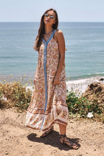 Floral Border Printed V-Neck Sleeveless Maxi Dress