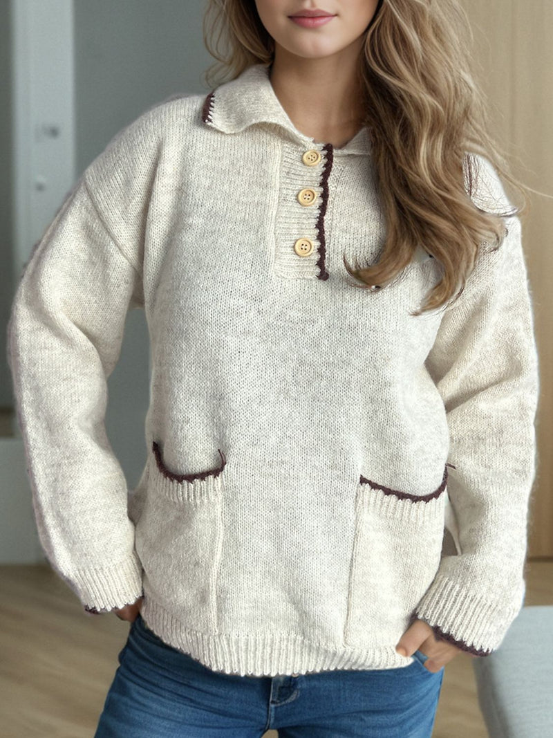 Contrast Trim Quarter Button Long Sleeve Sweater