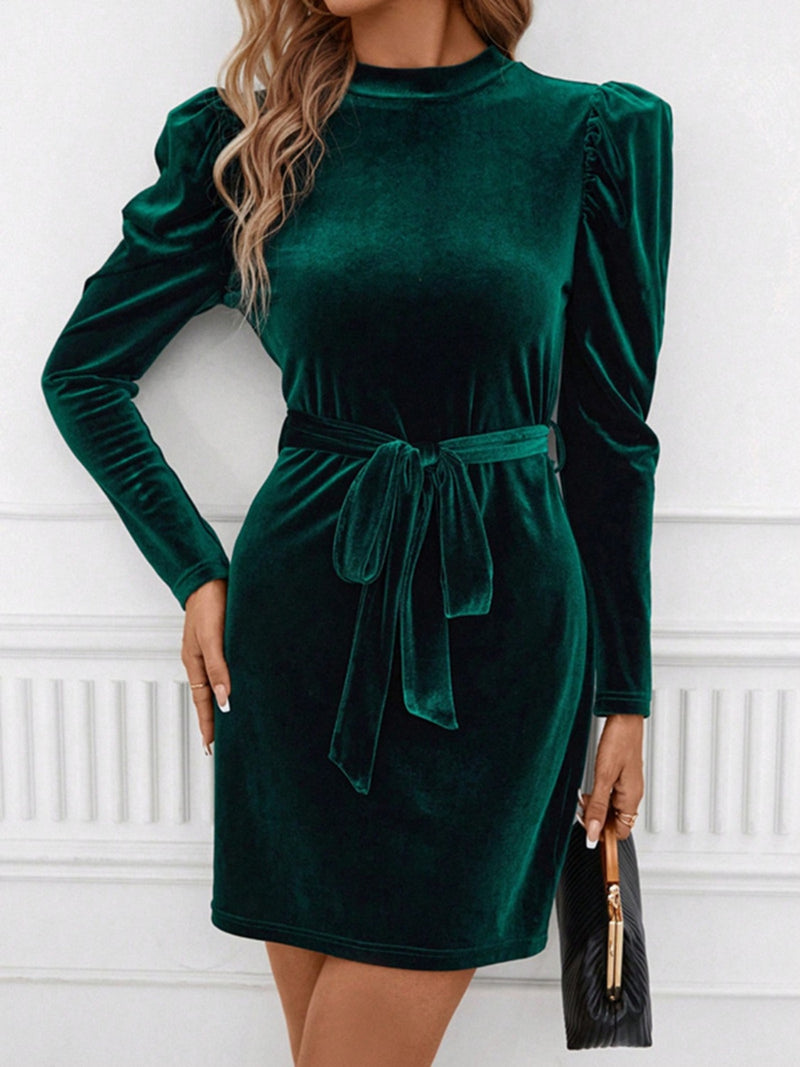 Mock Neck Tie Waist Puff Sleeve Mini Dress