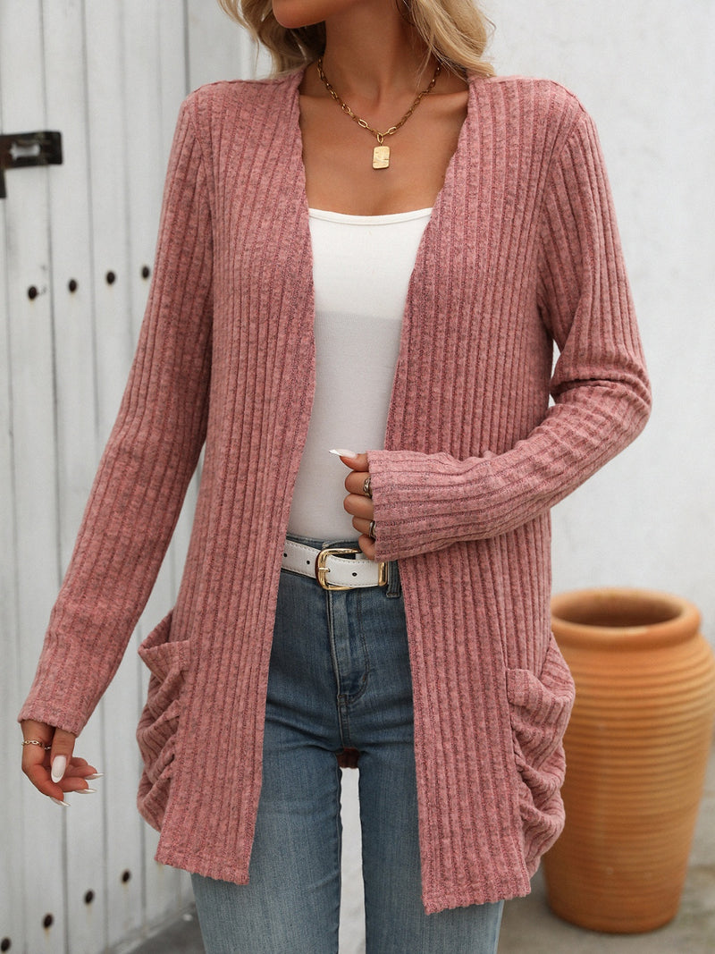 Open Front Long Sleeve Ribbed Cardigan