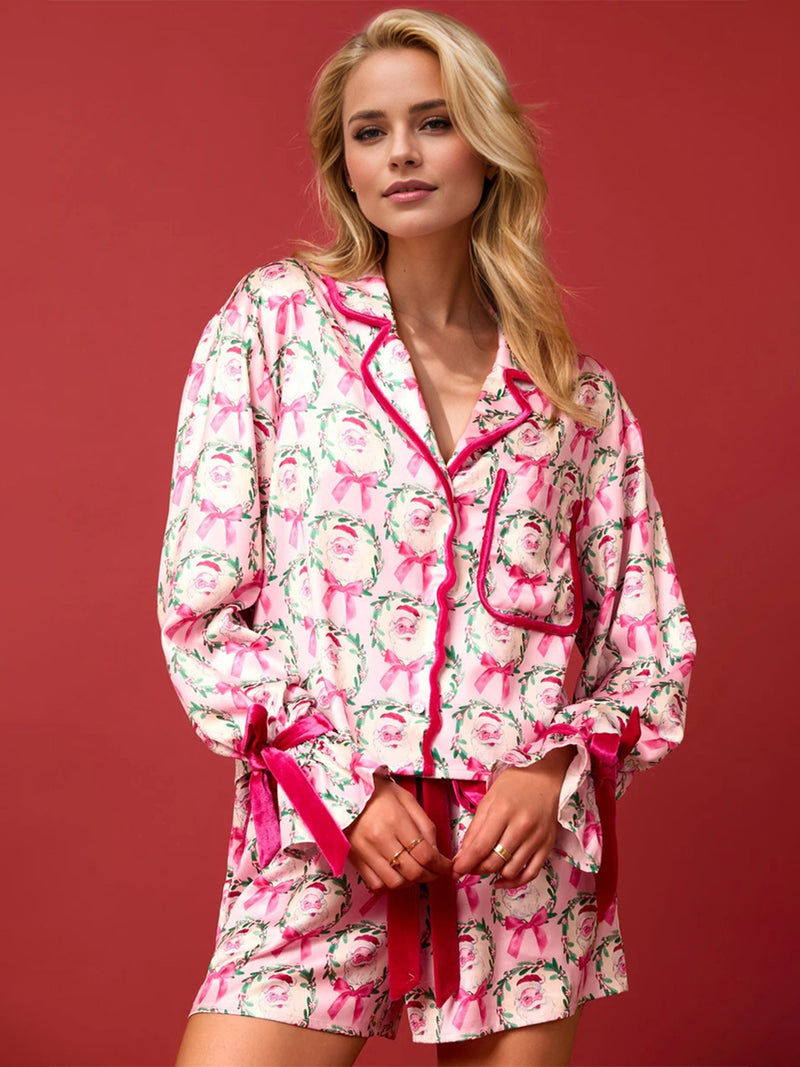 Tied Printed Collared Neck Long Sleeve Top and Shorts Set