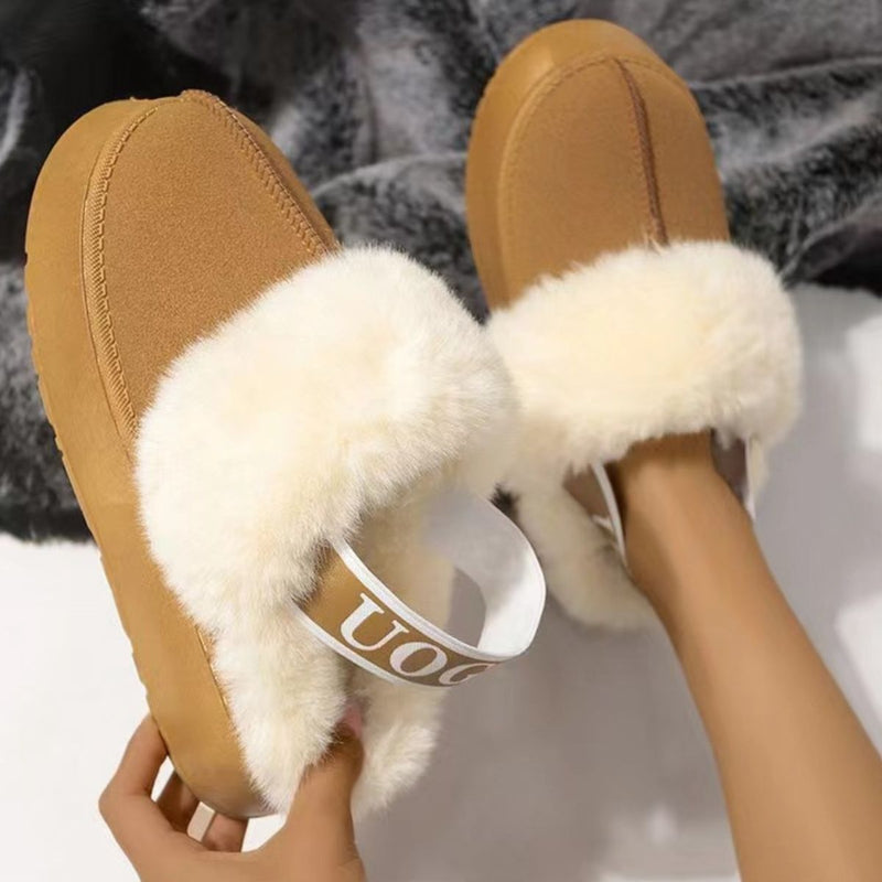 Plush Platform Slippers with Letter Strap