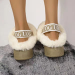 Plush Platform Slippers with Letter Strap