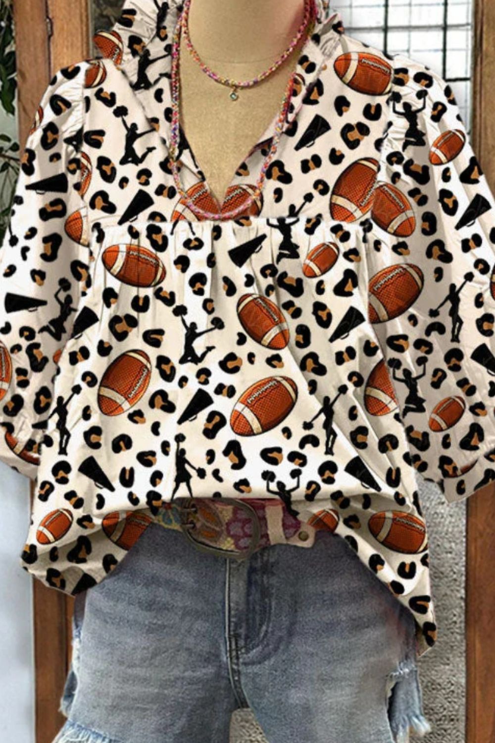 Full Size Ball Notched Half Sleeve Blouse