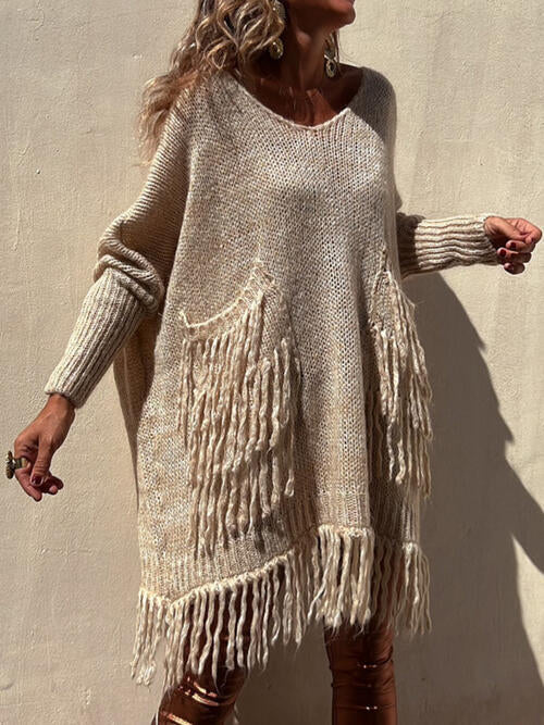 Fringe Detail Long Sleeve Sweater with Pockets
