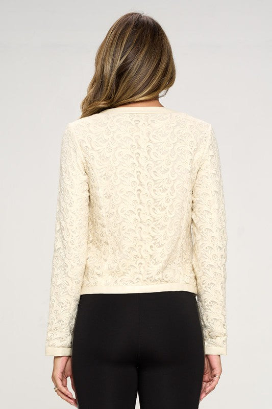 Jacket vegan leather edged lace blazer jacket