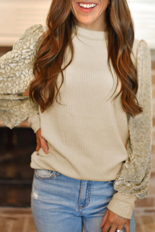 Leopard Print Long Sleeve Ribbed Knit Blouse