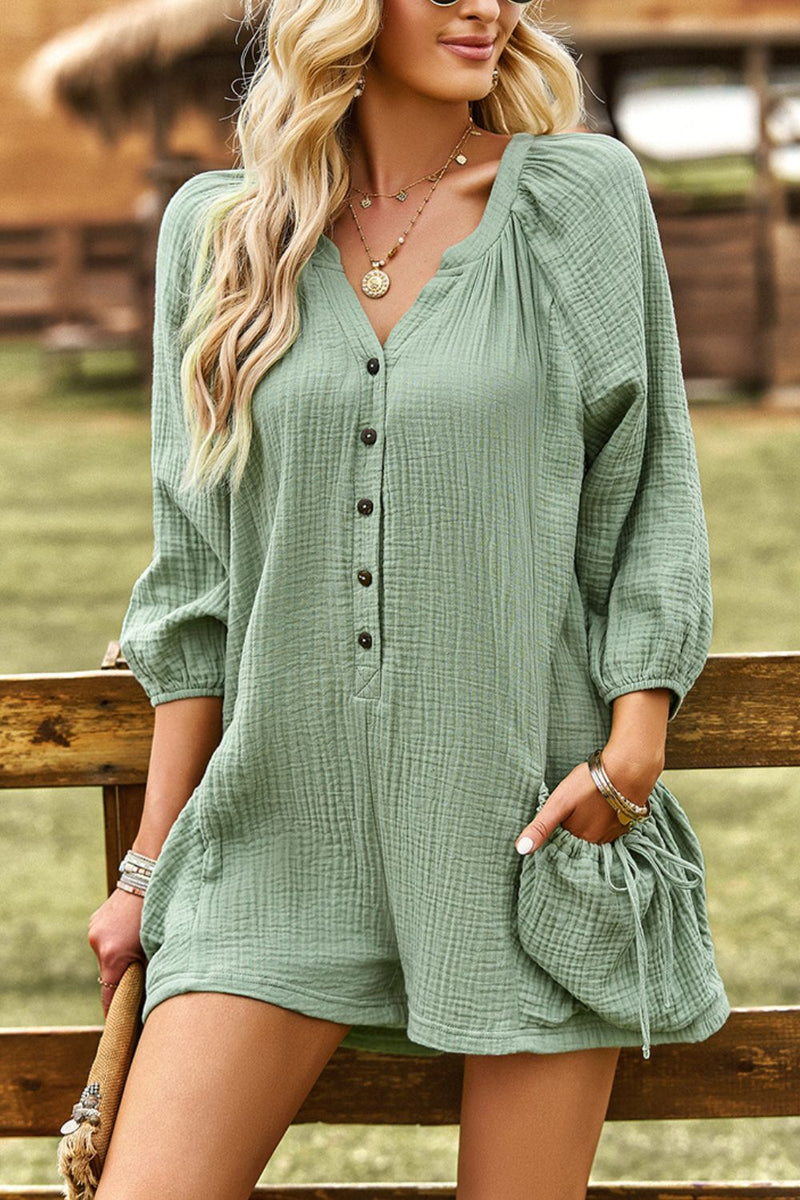 Textured Notched Neck Romper with Pockets
