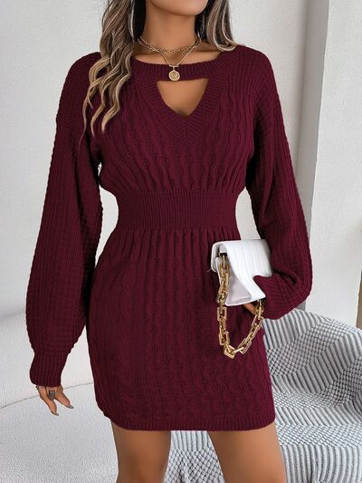 Cable-Knit Cutout Round Neck Slit Sweater