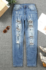 Leopard Distressed Pocketed Straight Jeans