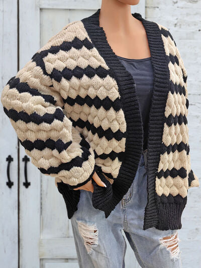 Striped Contrast Open Front Long Sleeve Cardigan