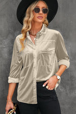 Button Up Collared Neck Long Sleeve Velvet Shirt