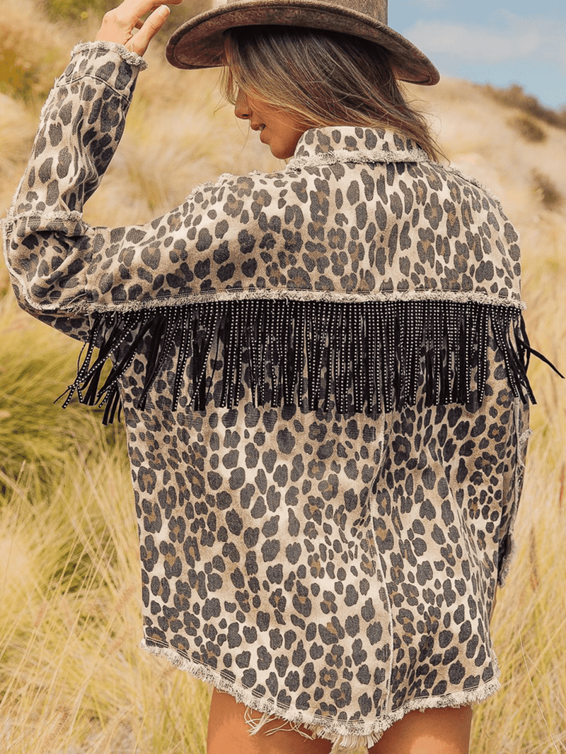 Leopard Fringe Detail Collared Neck Denim Jacket
