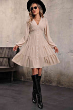 V Neck Button Up Tiered Dress