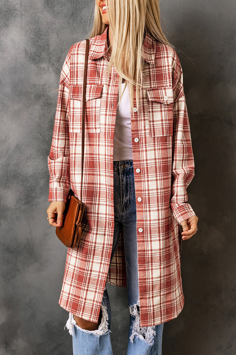 Plaid Button-Up Longline Shacket with Breast Pockets