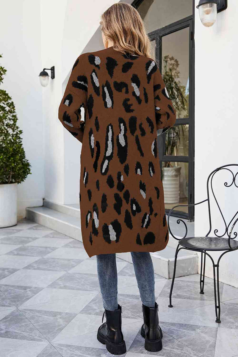 Leopard Open Front Cardigan with Pockets