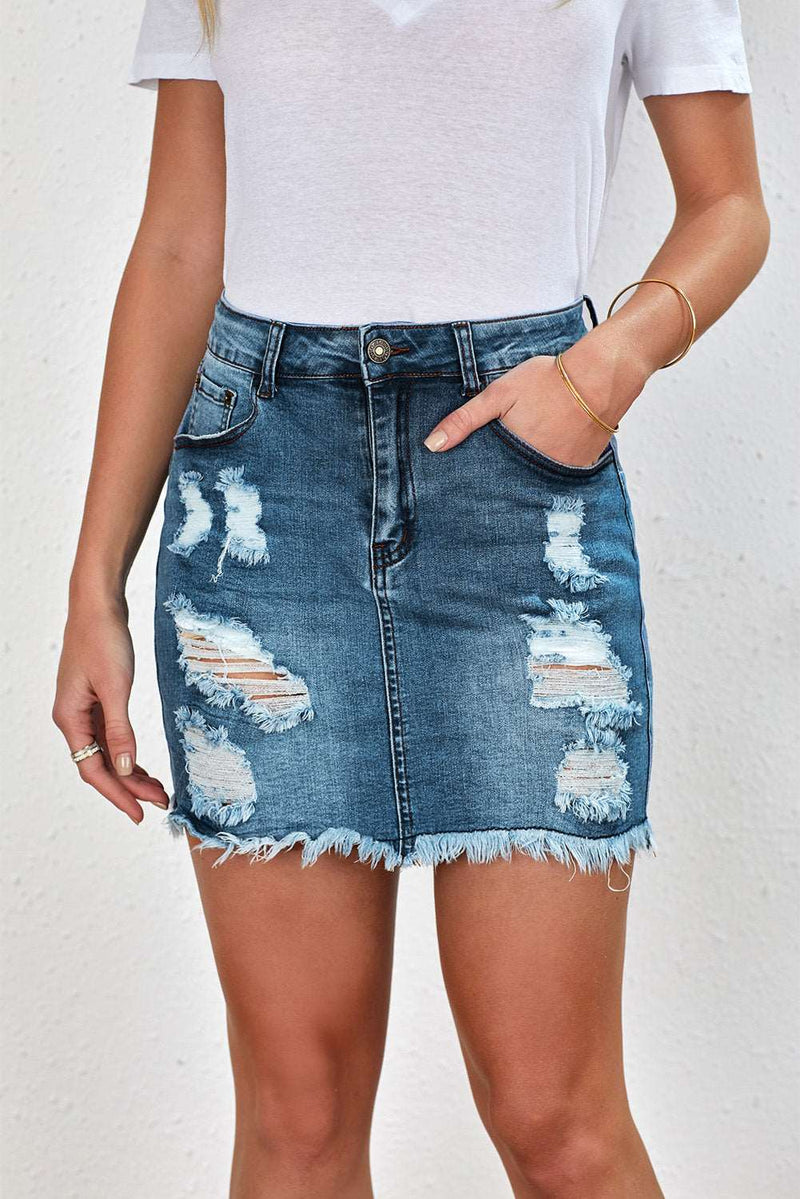 Distressed Raw Hem Denim Mini Skirt - Online Exclusive