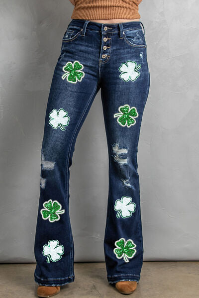 Distressed Lucky Clover Sequin Jeans